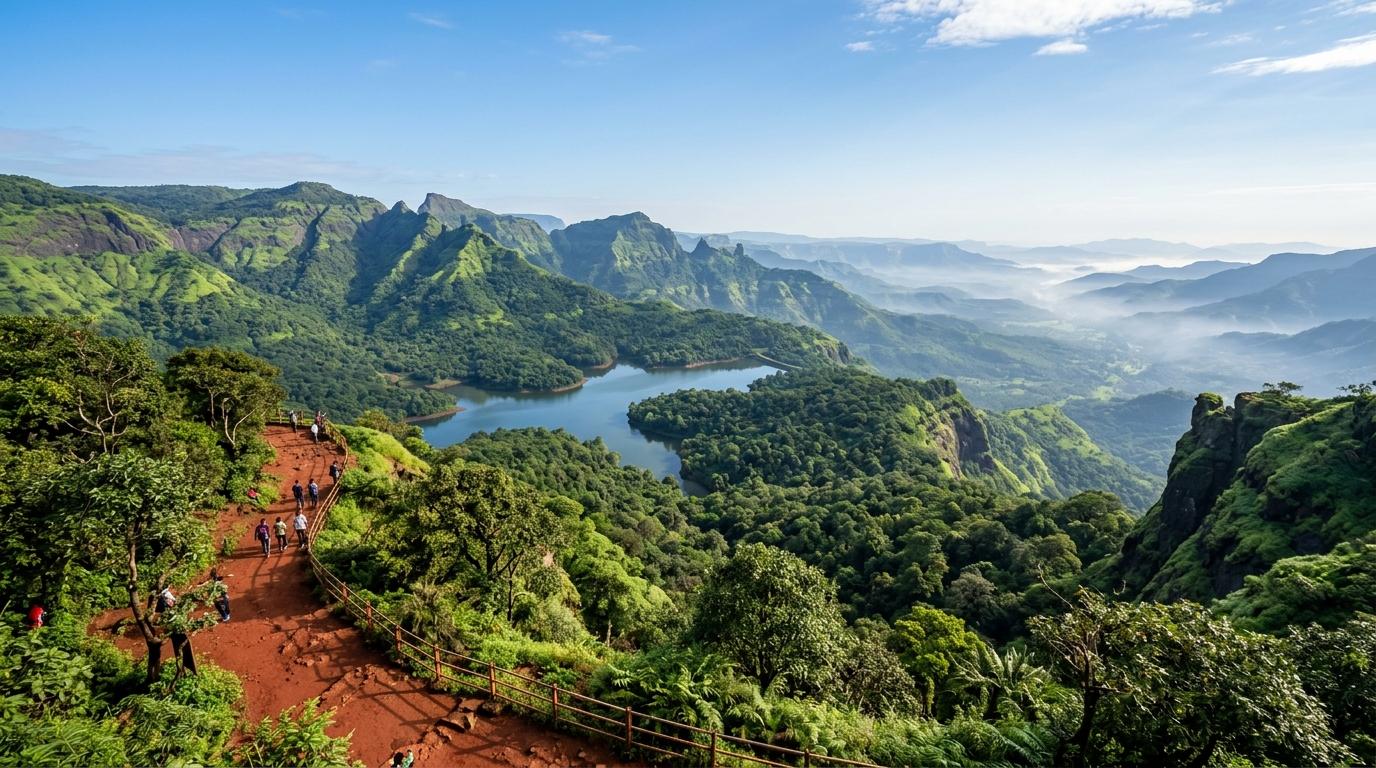 Scenic view of Matheran hill station red soil pathway and Sahyadri mountains